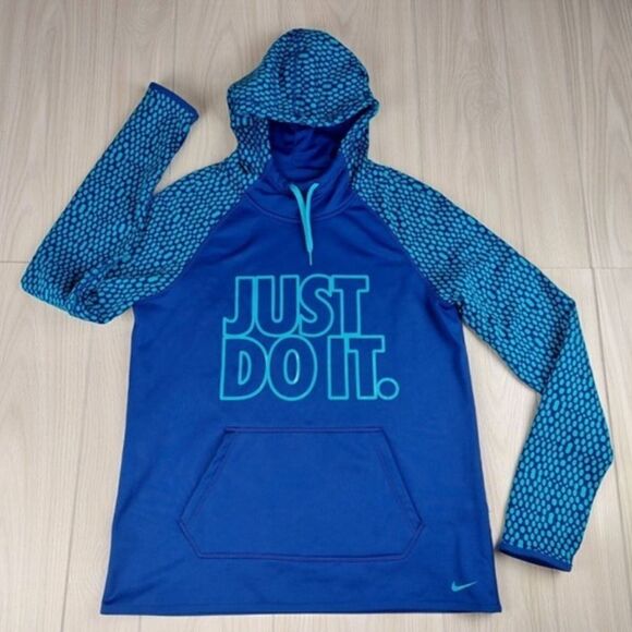 NIKE - SIZE MEDIUM - BLUE / TEAL DOTTED THERMA-FIT ATHLETIC PULLOVER HOODIE - Picture 4 of 14